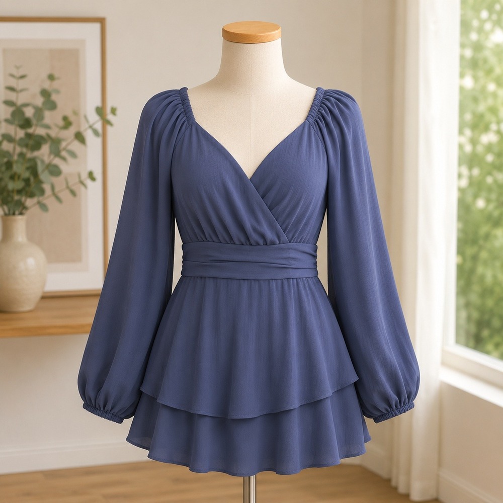 NWT Cupshe Long Sleeve Mini Dress Womens Small Navy Blue Tiered Ruffle Crossover